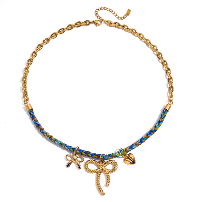 Navy Bow and Heart Rope Necklace