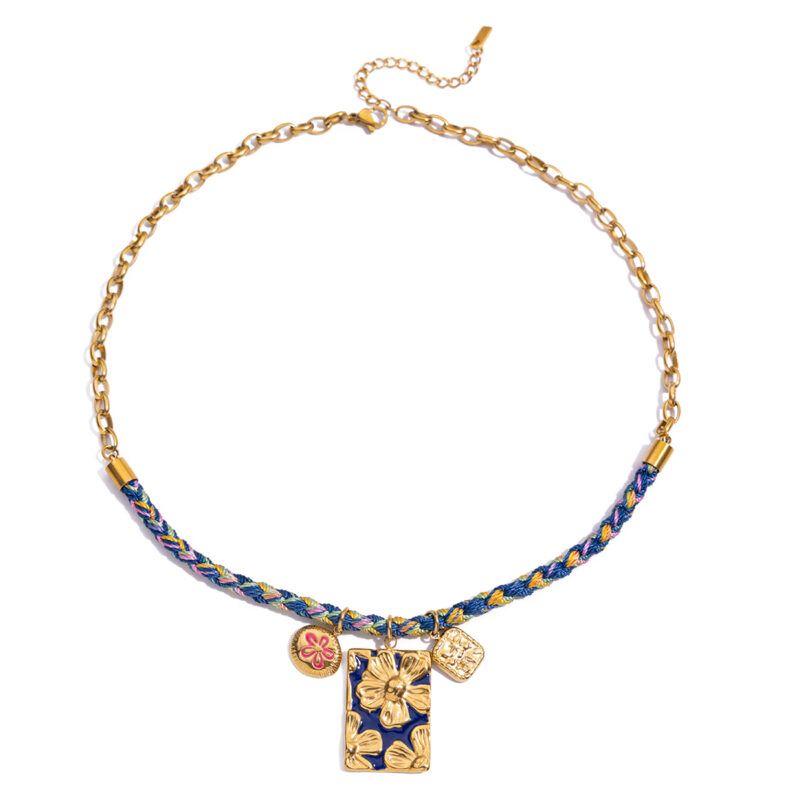 Blue Floral Enamel Charm Necklace