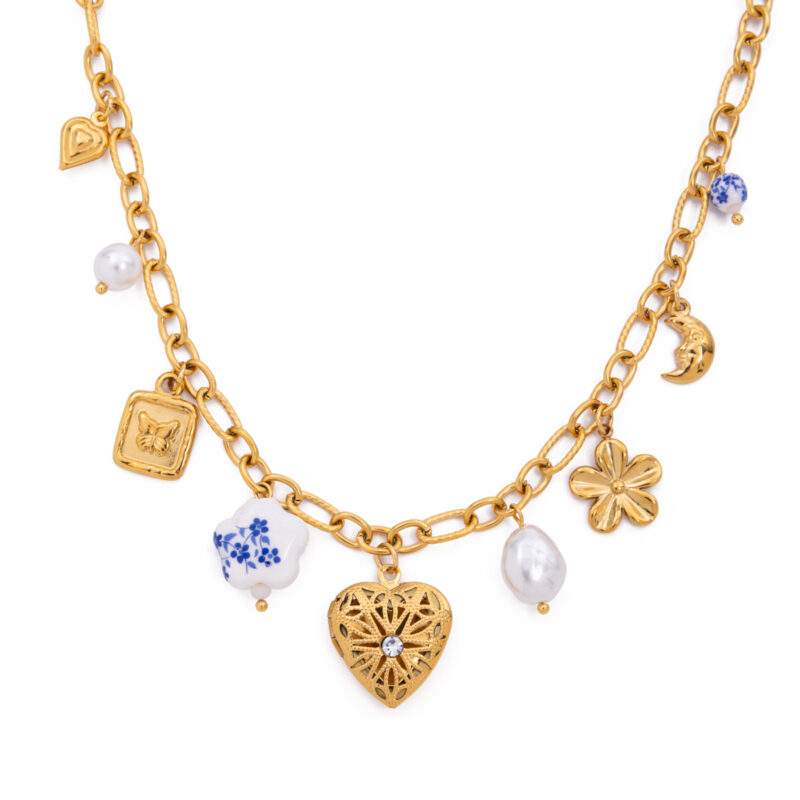 Ceramic Pearl Butterfly Floral Pendant Necklace - Image 2