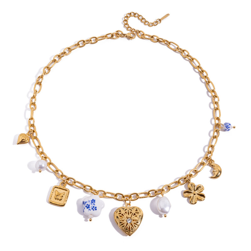 Ceramic Pearl Butterfly Floral Pendant Necklace