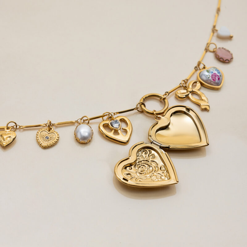 Cat Eye Pearl Heart Bow Photo Pendant Necklace - Image 3