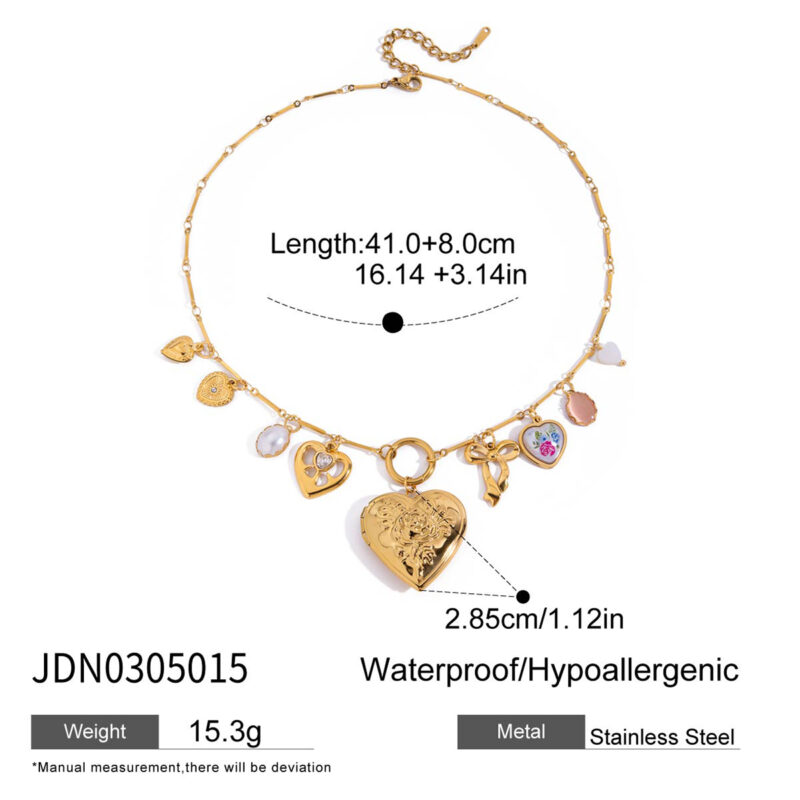 Cat Eye Pearl Heart Bow Photo Pendant Necklace - Image 4