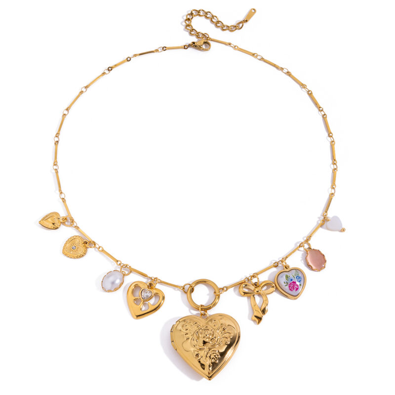 Cat Eye Pearl Heart Bow Photo Pendant Necklace