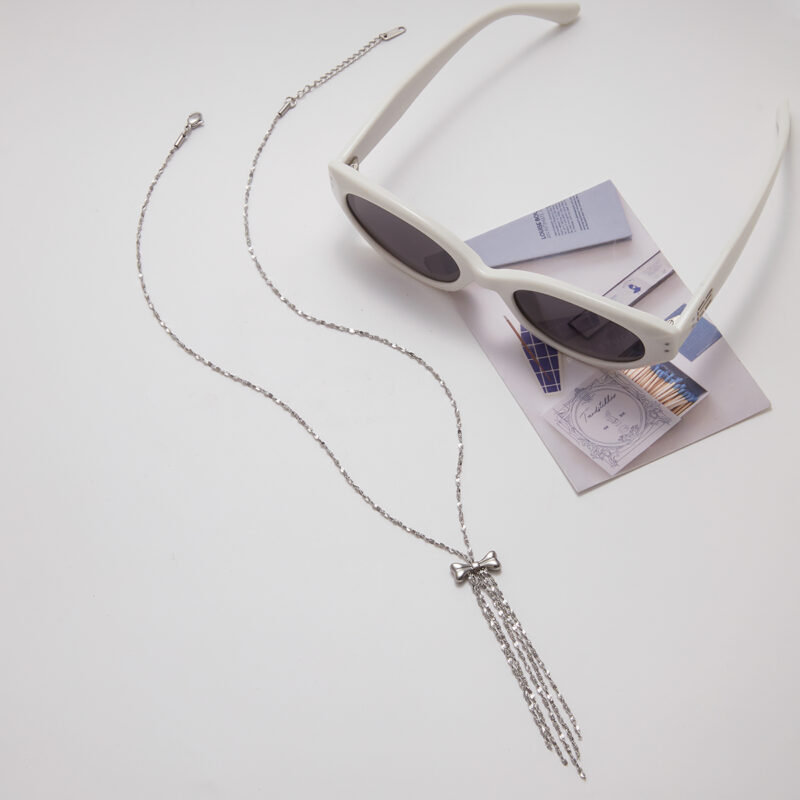 Silver Steel Bow Tassel Statement Pendant Necklace - Image 5