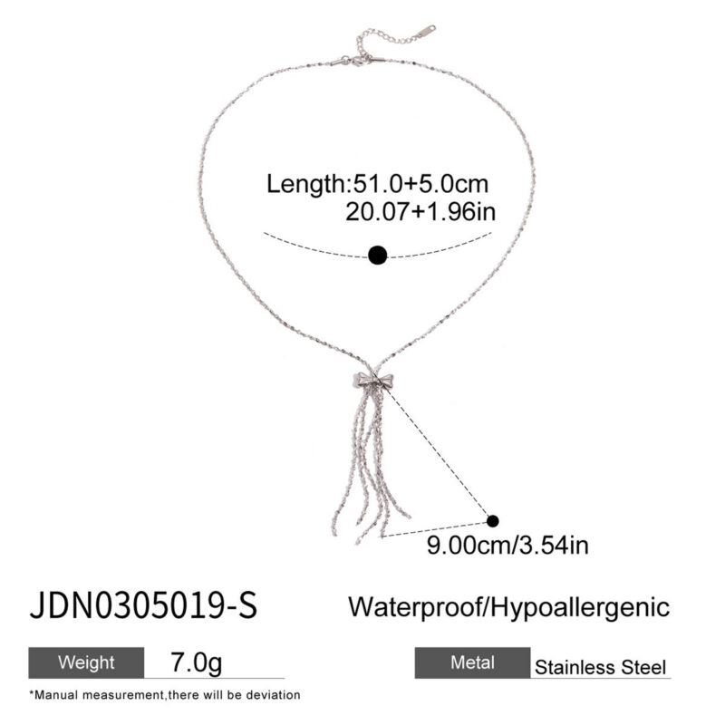 Silver Steel Bow Tassel Statement Pendant Necklace - Image 6