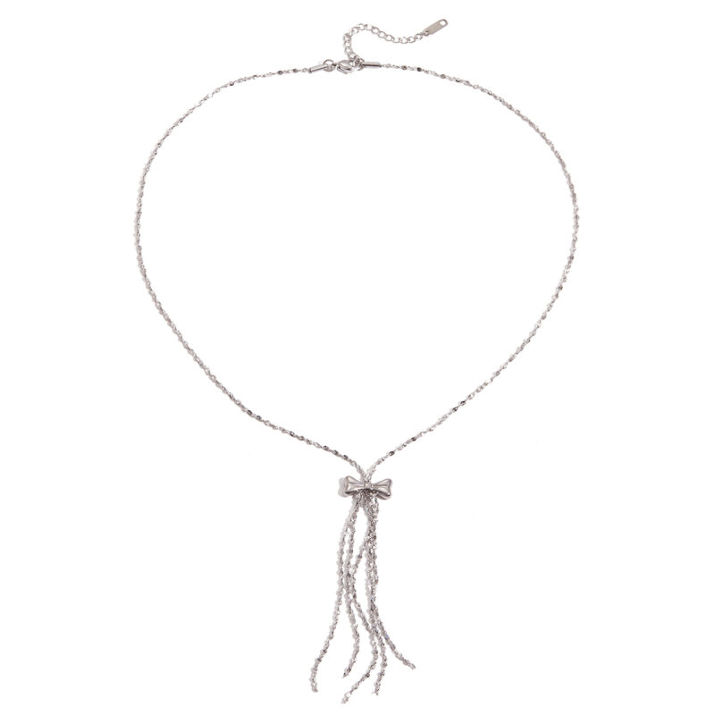 Silver Steel Bow Tassel Statement Pendant Necklace