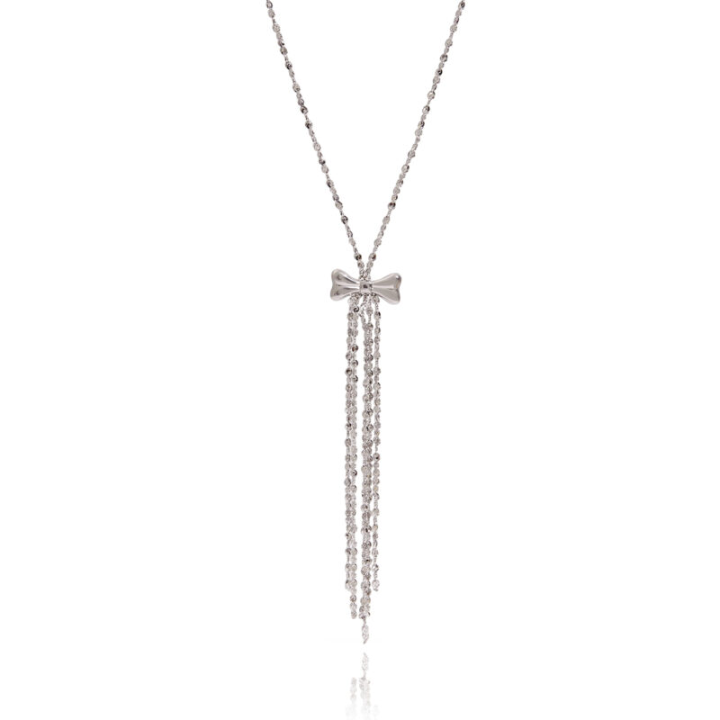 Silver Steel Bow Tassel Statement Pendant Necklace - Image 2