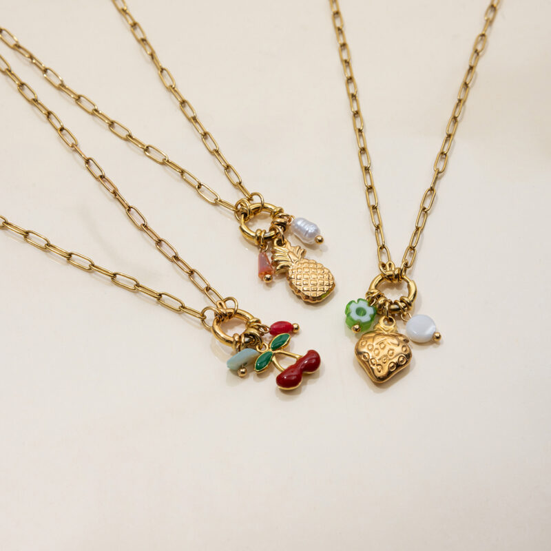 Gold Stainless Steel Acrylic Strawberry Flower Pendant Necklace - Image 3