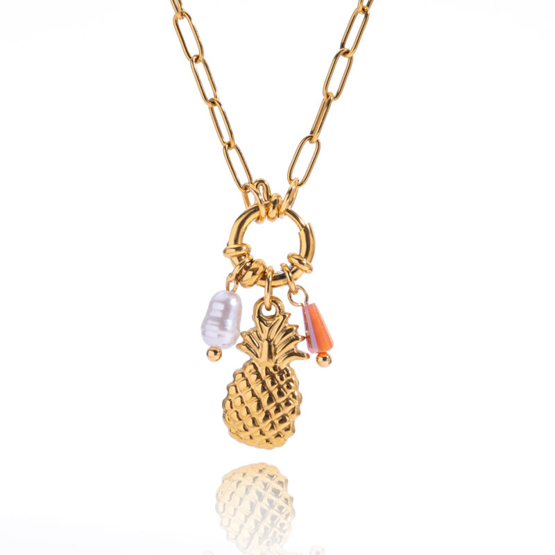 Gold Pearl Crystal Pineapple Pendant Adjustable Necklace - Image 2