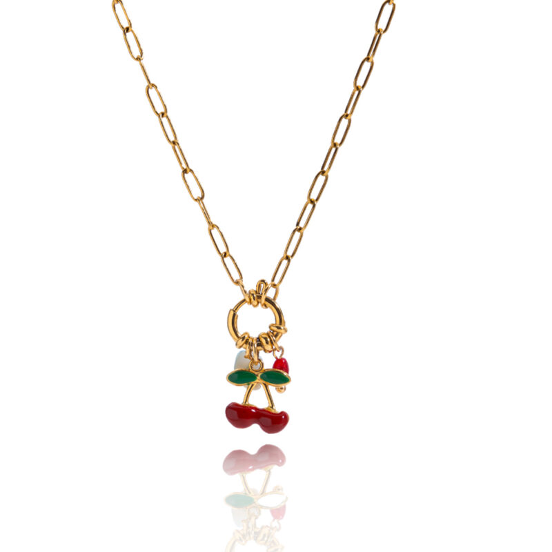 Gold Pearl Shell Cherry Pendant Adjustable Necklace - Image 2