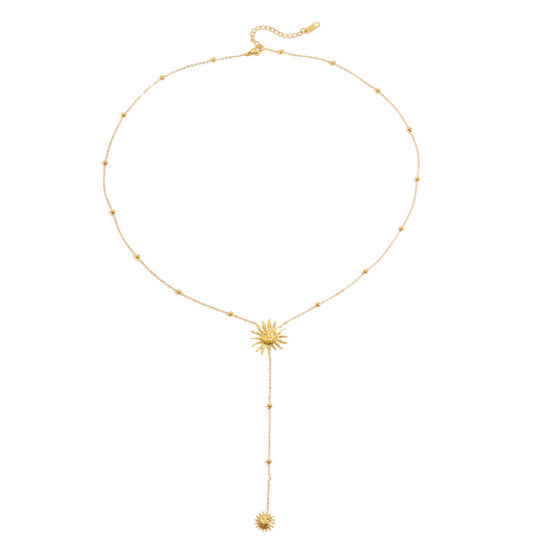 Gold Stainless Steel Smiley Sun Pendant Necklace