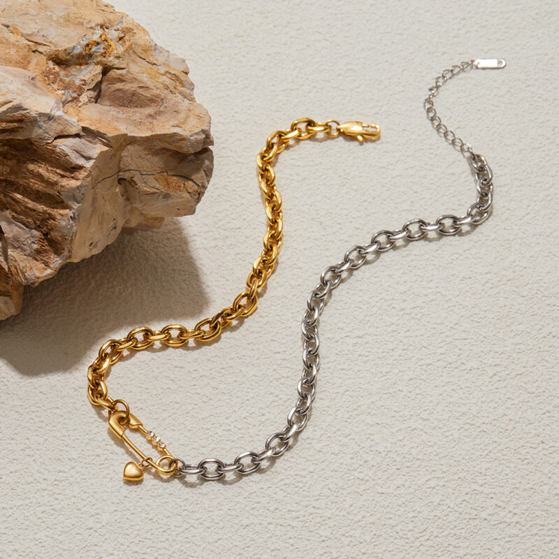 Gold Silver Zircon Pin Heart Pendant Chain Necklace - Image 3