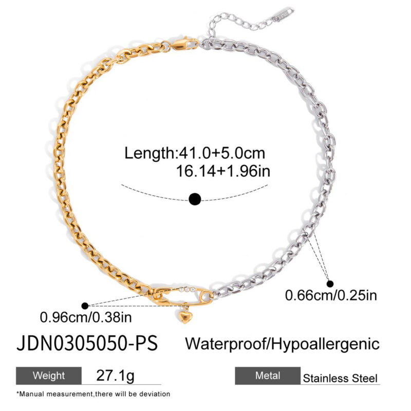Gold Silver Zircon Pin Heart Pendant Chain Necklace - Image 4