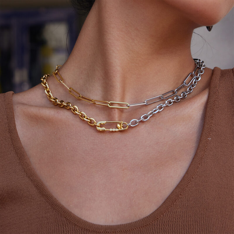 Gold Silver Zircon Pin Heart Pendant Chain Necklace - Image 2