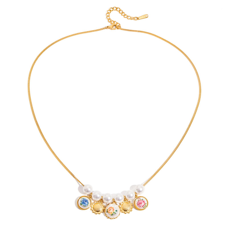 Gold Stainless Steel Imitation Pearl Sunflower Necklace