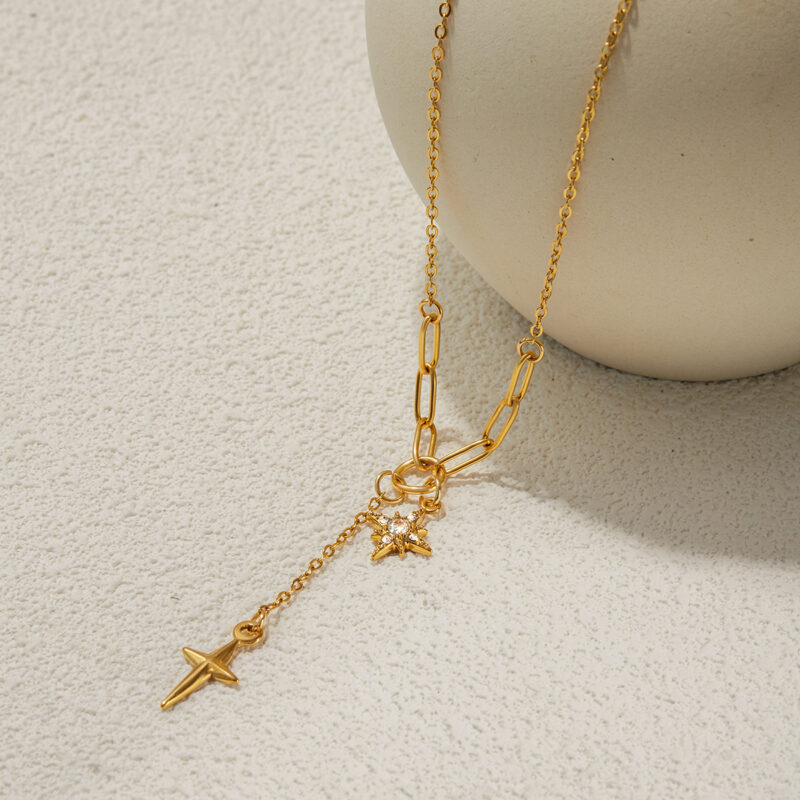 Gold Stainless Steel White Diamond Star Necklace - Image 4