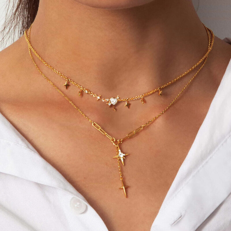Gold Stainless Steel White Diamond Star Necklace - Image 3