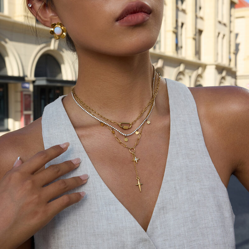 Gold Stainless Steel White Diamond Star Necklace - Image 2