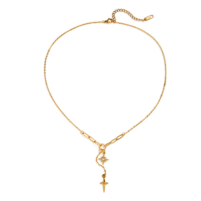 Gold Stainless Steel White Diamond Star Necklace