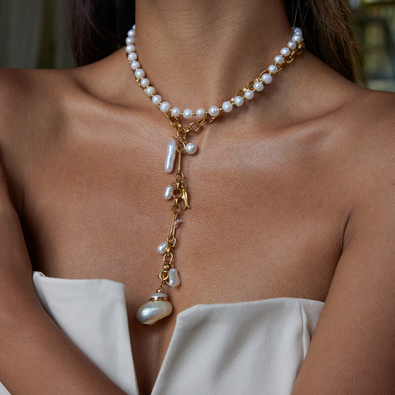 Gold Stainless Steel Acrylic Pearl Sea Life Necklace - Image 2