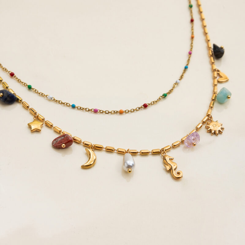 Colorful Natural Stone Pearl Moon Star Necklace - Image 2