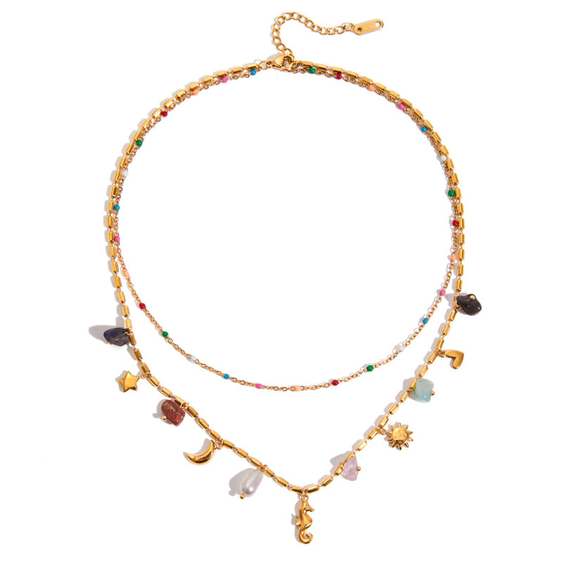 Colorful Natural Stone Pearl Moon Star Necklace