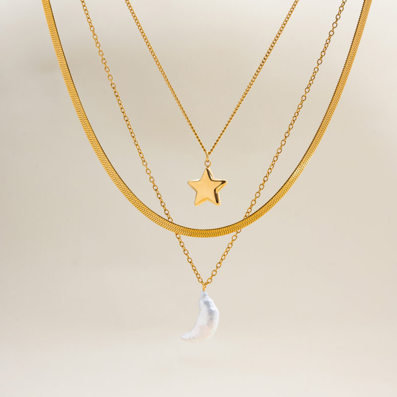 Freshwater Pearl Moon Star Layered Necklace - Image 5