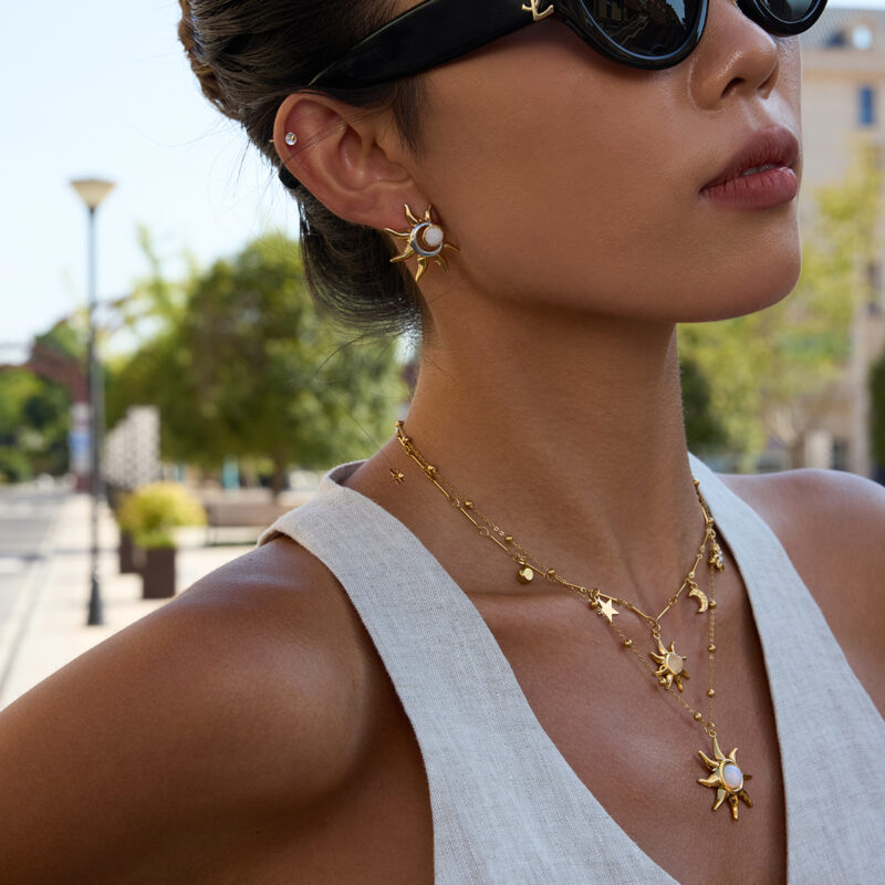 Dual Tone Moonstone Sun Earrings Gold Silver - Image 2