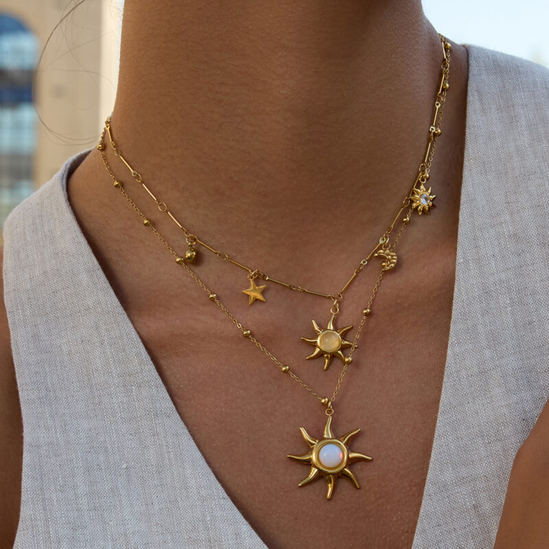 Opal Sun Pendant Necklace With Pearl Chain - Image 2