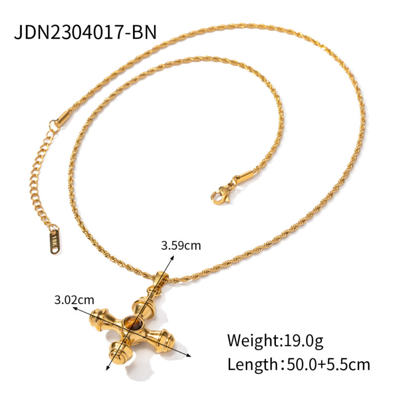 18K Gold Stainless Steel Necklace with Agate Cross Penda - Image 6