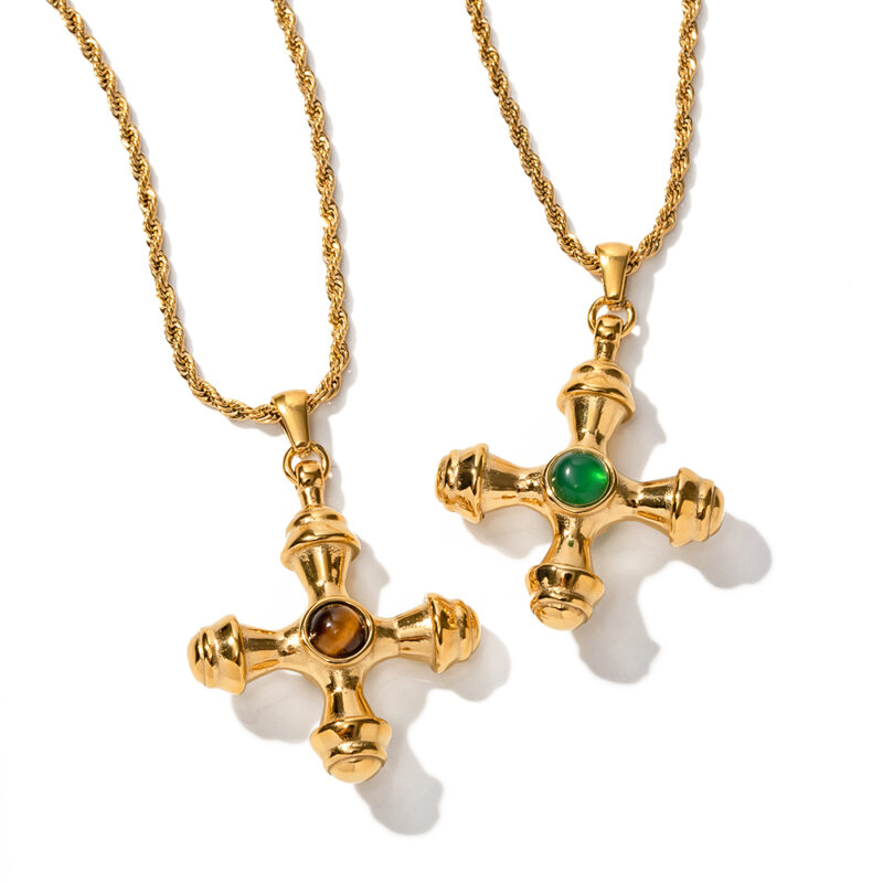 18K Gold Stainless Steel Necklace with Agate Cross Penda