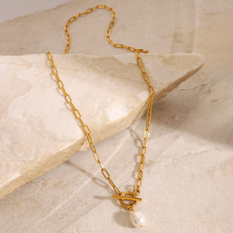 18K Gold Stainless Steel Pearl OT Necklace - Image 6