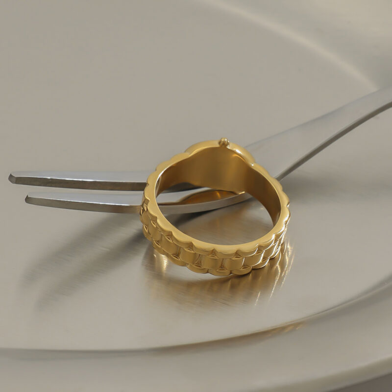 18K Gold Stainless Steel Oval Pearl Watch Band Ring - Image 4
