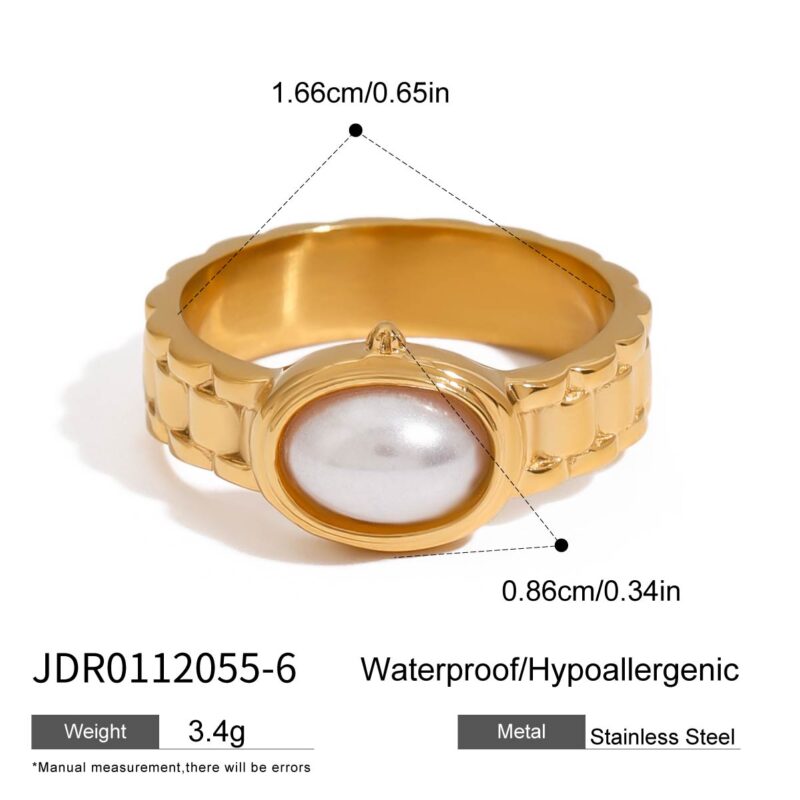 18K Gold Stainless Steel Oval Pearl Watch Band Ring - Image 5