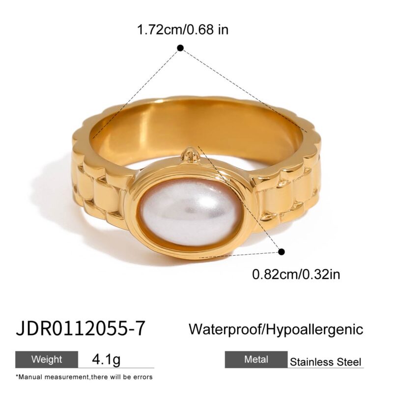 18K Gold Stainless Steel Oval Pearl Watch Band Ring - Image 6