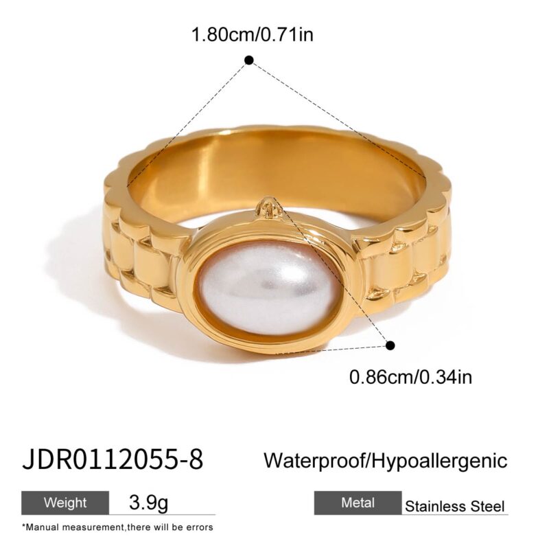 18K Gold Stainless Steel Oval Pearl Watch Band Ring - Image 7