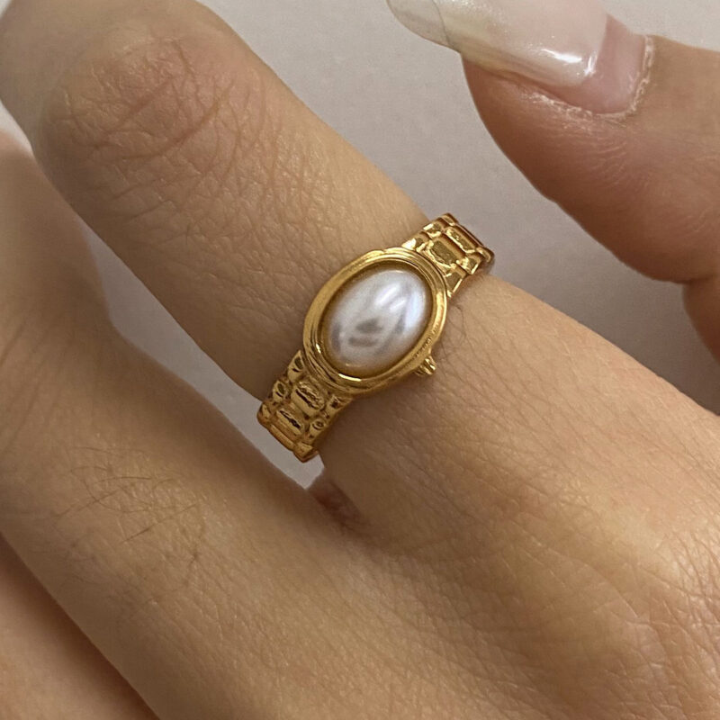 18K Gold Stainless Steel Oval Pearl Watch Band Ring - Image 2
