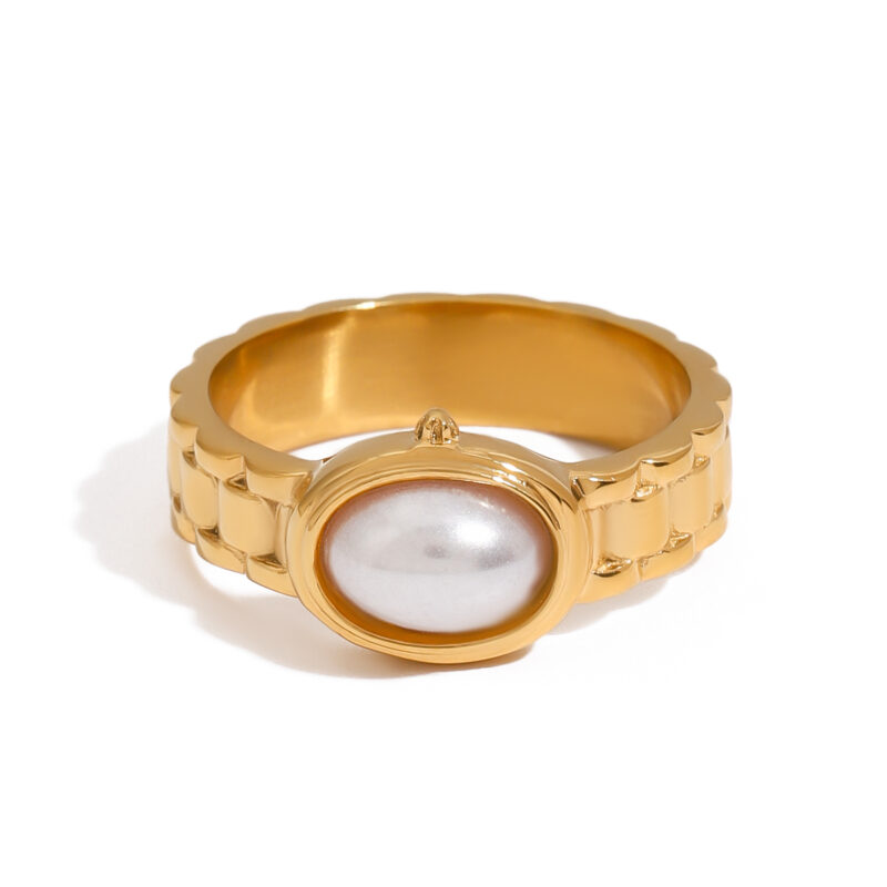 18K Gold Stainless Steel Oval Pearl Watch Band Ring