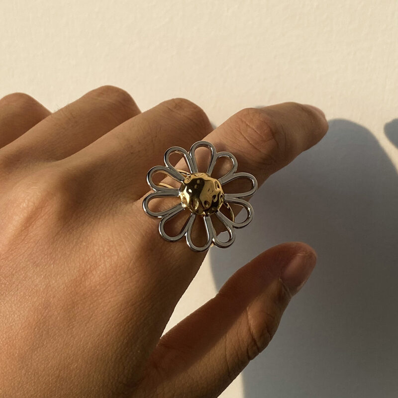 Gold Silver Daisy Adjustable Open Ring - Image 3