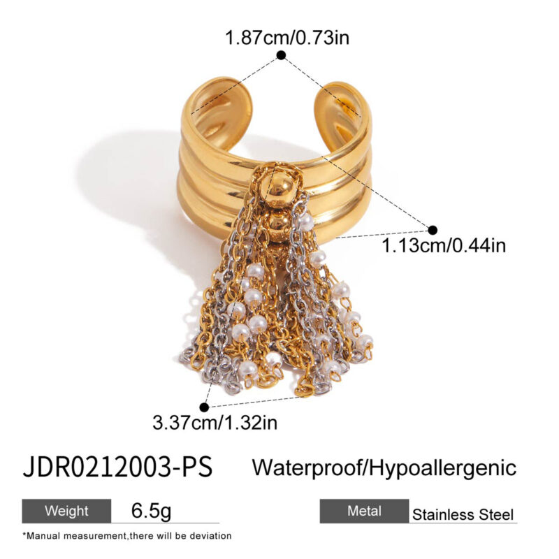 Gold Silver Faux Pearl Tassel Ring - Image 5