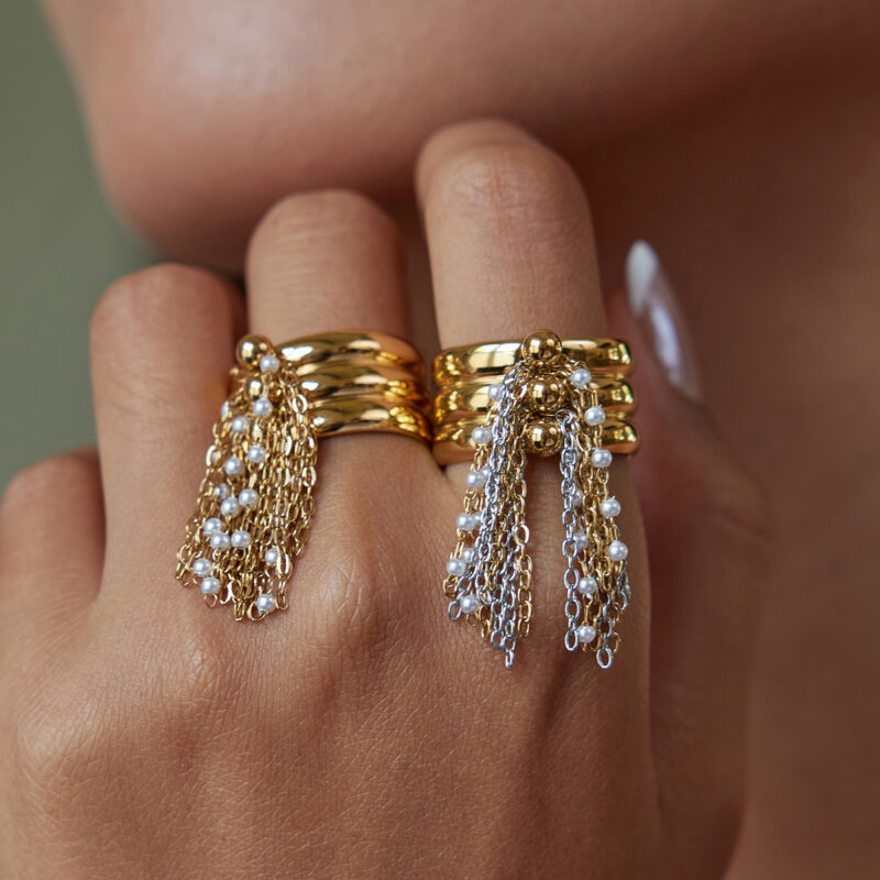 Gold Silver Faux Pearl Tassel Ring - Image 2