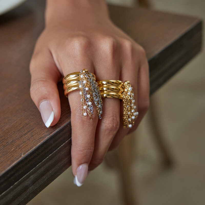 Gold Silver Faux Pearl Tassel Ring - Image 3