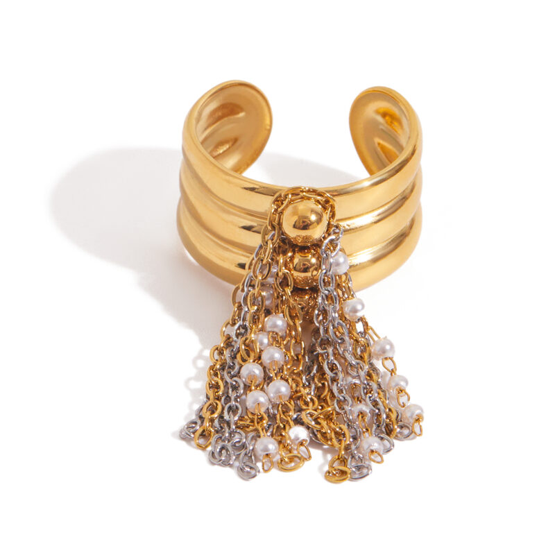 Gold Silver Faux Pearl Tassel Ring