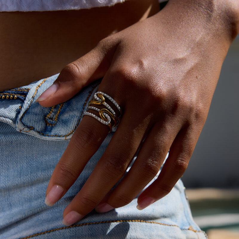 Gold Silver Wrapped Diamond Paperclip Ring - Image 2