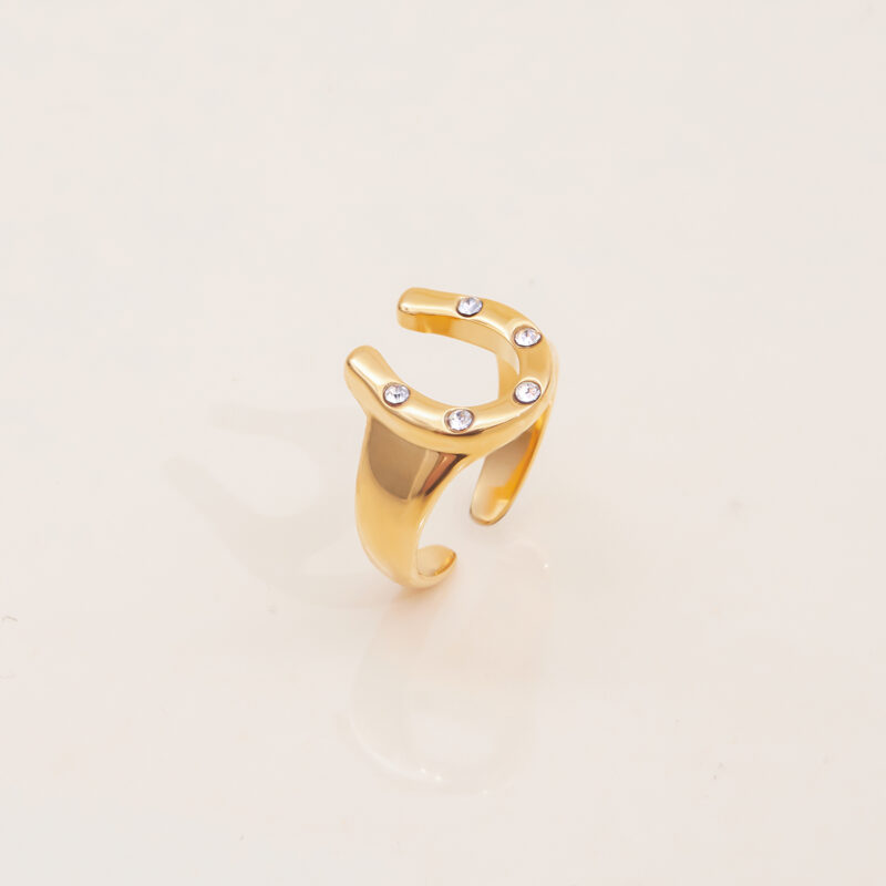 18K Gold Horseshoe Open Ring with CZ Crystals - Image 4