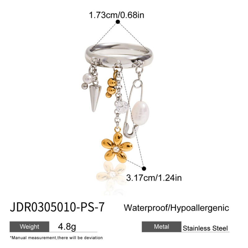Pearl Floral Spike Charm Tassel Ring - Image 6