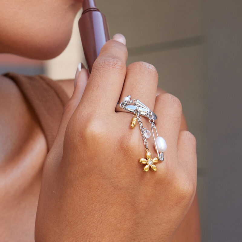 Pearl Floral Spike Charm Tassel Ring - Image 2