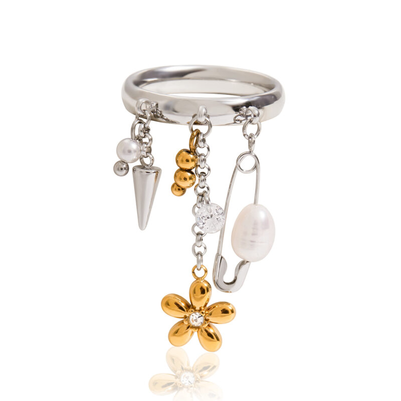 Pearl Floral Spike Charm Tassel Ring