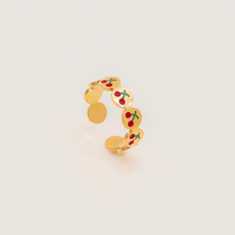 Gold Stainless Steel Cherry Enamel Adjustable Ring - Image 3