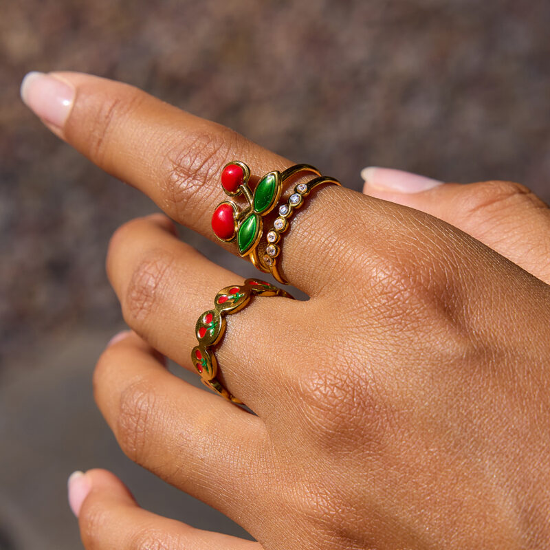 Gold Stainless Steel Double Layer Cherry Enamel Ring - Image 2